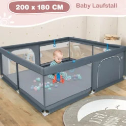 200 x 180 cm Baby Laufstall mit 50 Ozeanbällen & 4 Griffen & Tür Laufgitter Krabbelgitter Grau