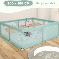 200 x 180 cm Baby Laufstall mit 50 Ozeanbällen & 4 Griffen & Tür Laufgitter Krabbelgitter Grün