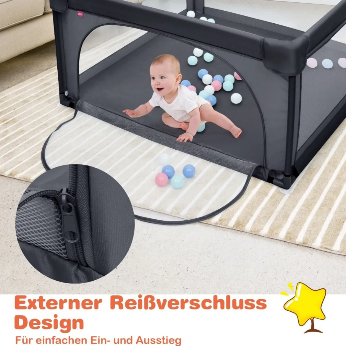 120 x 120 cm Baby Laufstall mit 50 Spielbällen Laufgitter mit Atmungsaktivem Netz