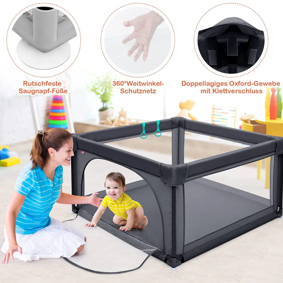 120 x 120 cm Baby Laufstall mit 50 Spielbällen Laufgitter mit Atmungsaktivem Netz