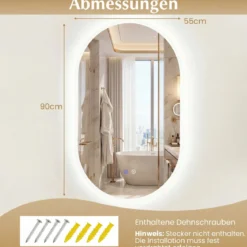 90 x 55 cm beleuchteter Badspiegel Wandspiegel mit hintergrundbeleuchteter Silber