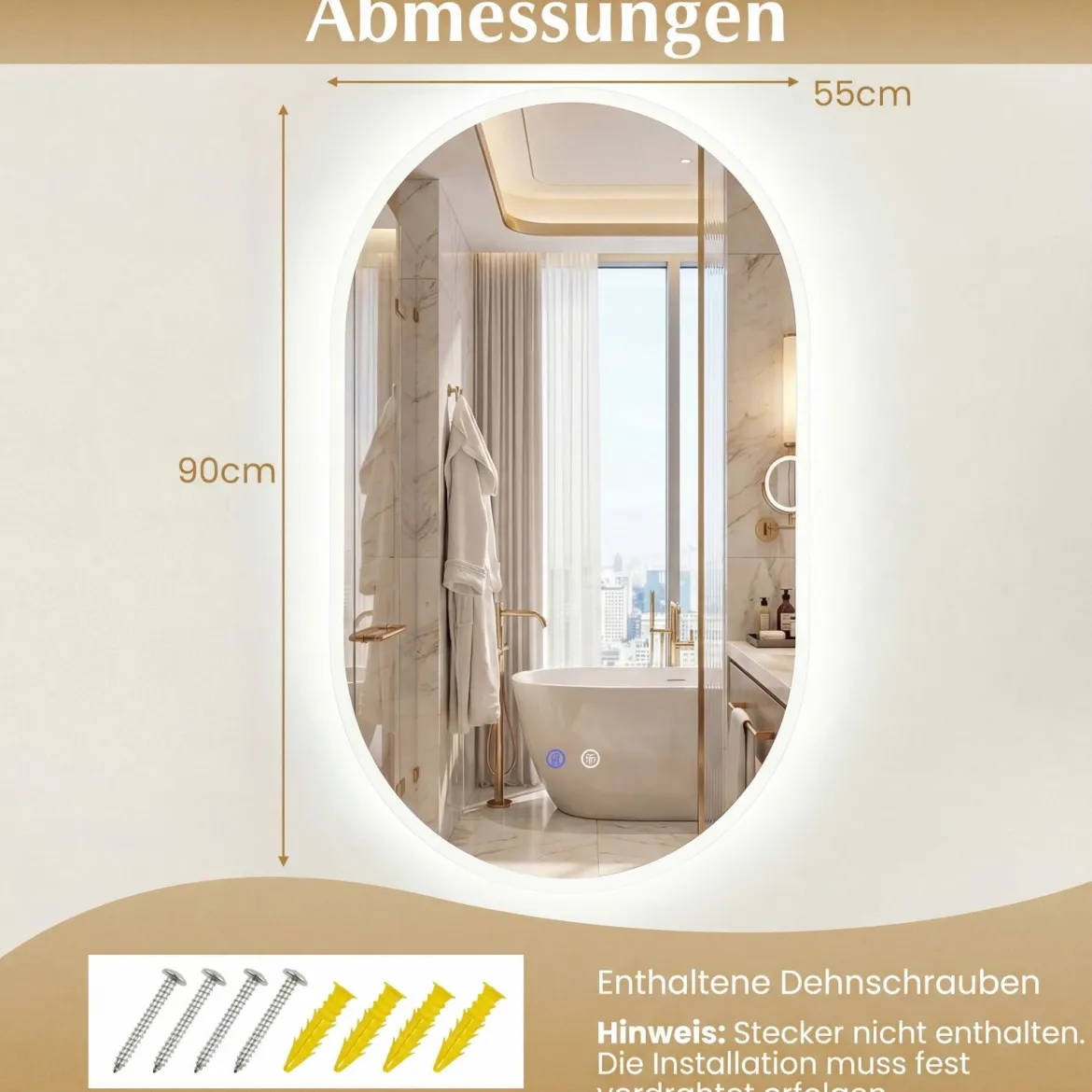 90 x 55 cm beleuchteter Badspiegel Wandspiegel mit hintergrundbeleuchteter Silber