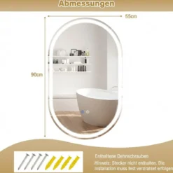 90 x 55 cm Beleuchteter Badspiegel mit Anti-Beschlag-Funktion Wandspiegel Ovaler Spiegel