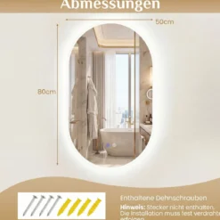 80 x 50cm Beleuchteter Badspiegel mit Anti-Beschlag-Funktion Wandspiegel Ovaler Spiegel