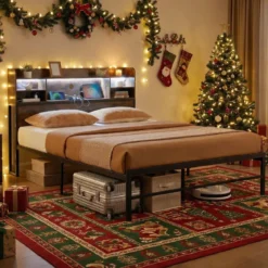 140 x 200 cm Bettgestell mit LED-Beleuchtung & Ladestation Doppelbett Plattformbett Bettrahmen