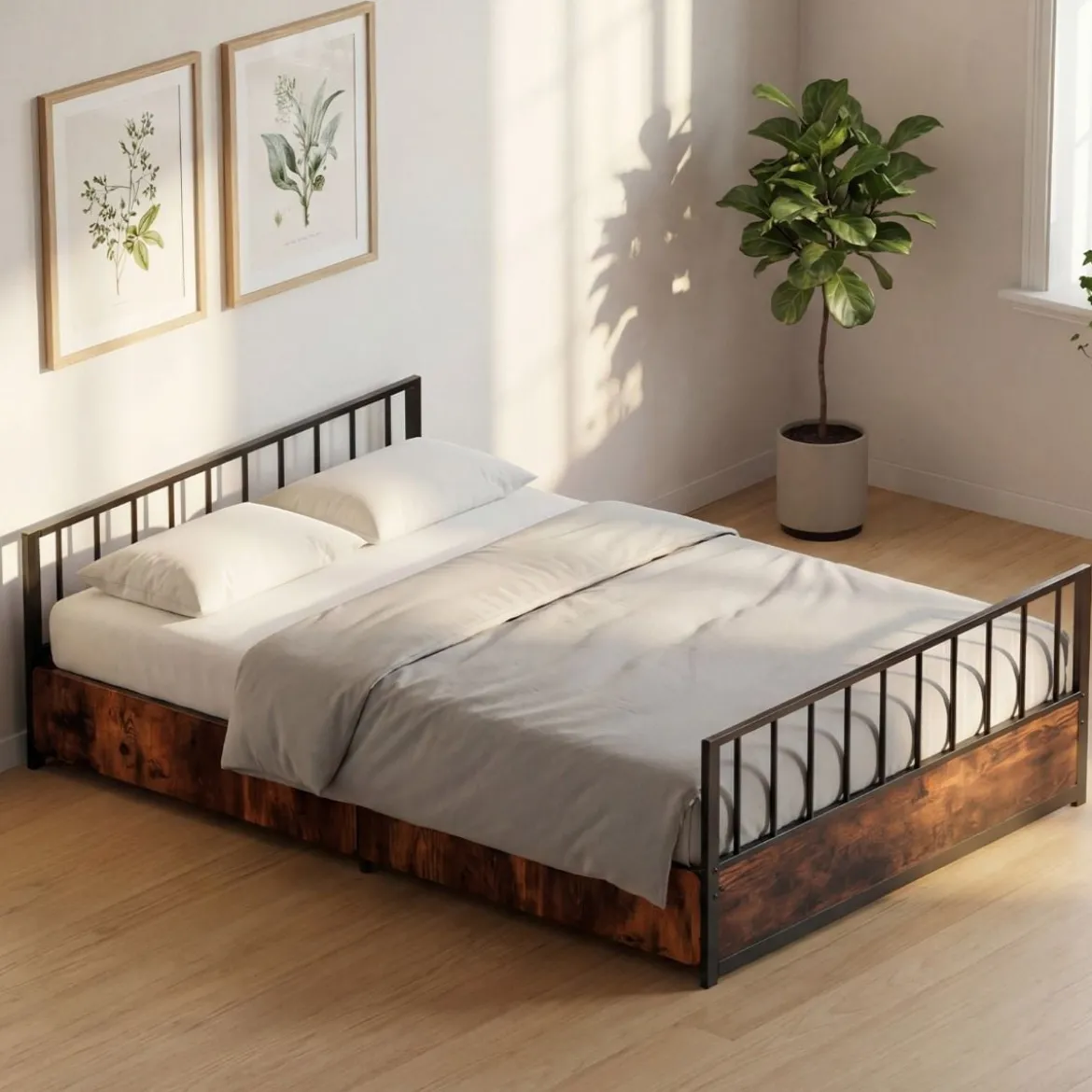140 x 200 cm Bettgestell mit 2 Schubladen & Kopfteil & Fußteil Industriell Doppelbett mit Lattenrost