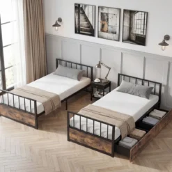 90 x 200 cm Bettgestell mit 2 Schubladen & Kopfteil & Fußteil Einzelbett mit Lattenrost Metallbett