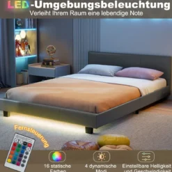 140 x 200 cm Bett mit LED Beleuchtung Polsterbett mit Lattenrost Bettgestell Bettrahmen Grau