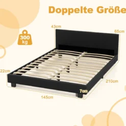 140 x 200 cm Bett mit LED Beleuchtung Polsterbett mit Lattenrost Bettgestell Bettrahmen Schwarz