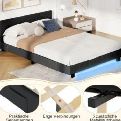 140 x 200 cm Bett mit LED Beleuchtung Polsterbett mit Lattenrost Bettgestell Bettrahmen Schwarz