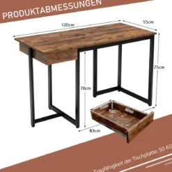 120 x 55 cm Computertisch mit Schublade & Verstellbaren Pads Computertisch Rustikales Braun