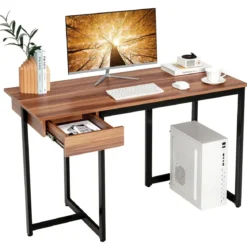 120 x 55 cm Computertisch mit Schublade & Verstellbaren Pads Computertisch Walnuss