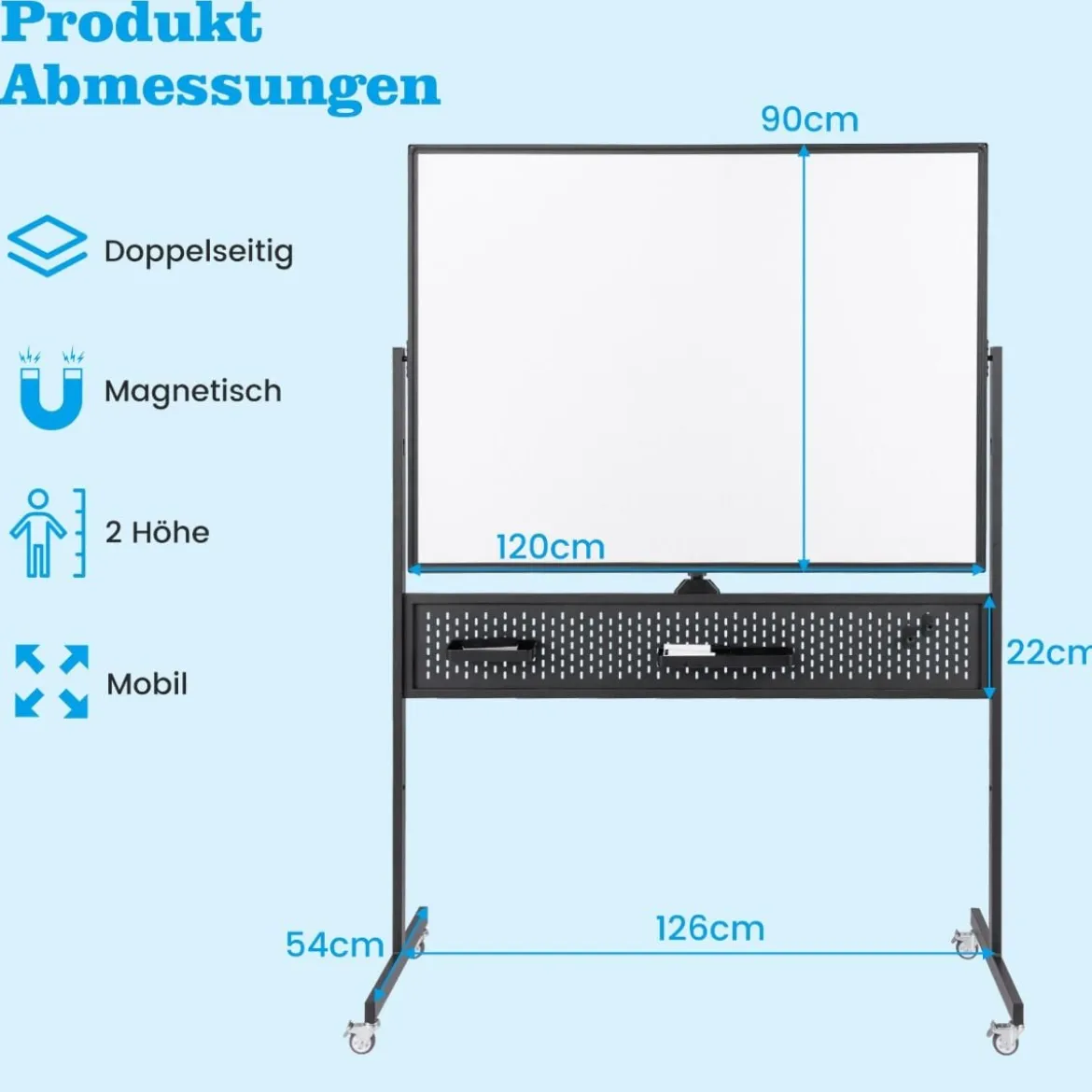120 x 90 cm Doppelseitiges Mobiles Whiteboard mit Stecktafel & Rollen & Ständer