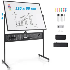120 x 90 cm Doppelseitiges Mobiles Whiteboard mit Stecktafel & Rollen & Ständer
