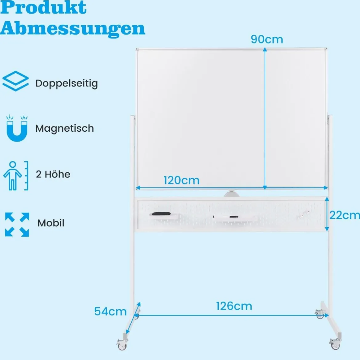 120 x 90 cm Doppelseitiges Mobiles Whiteboard mit Stecktafel & Rollen & Ständer