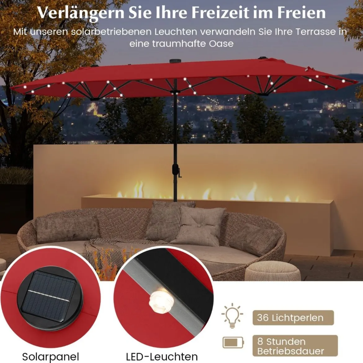 400 x 200 cm Doppelsonnenschirm mit Ständer & LED-Leuchten & Kurbel UPF 50+ Gartenschirm