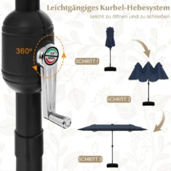 400 x 200 cm Doppelsonnenschirm mit Ständer & LED-Leuchten & Kurbel UPF 50+ Gartenschirm