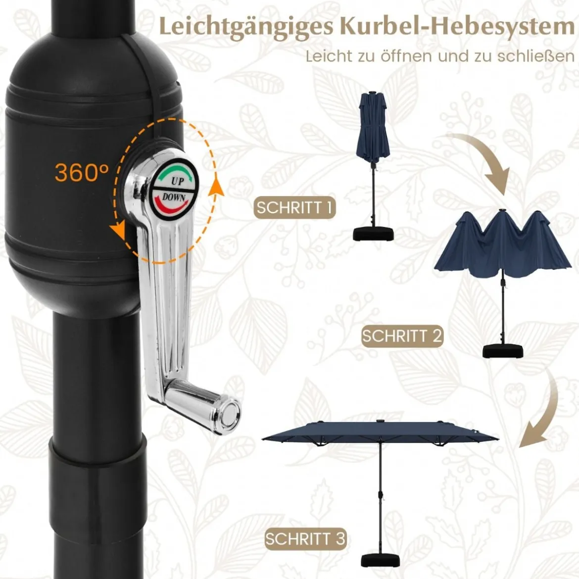 400 x 200 cm Doppelsonnenschirm mit Ständer & LED-Leuchten & Kurbel UPF 50+ Gartenschirm
