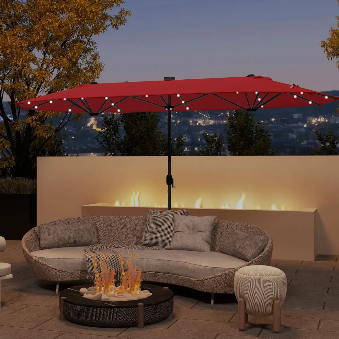 400 x 200 cm Doppelsonnenschirm mit Ständer & LED-Leuchten & Kurbel UPF 50+ Gartenschirm