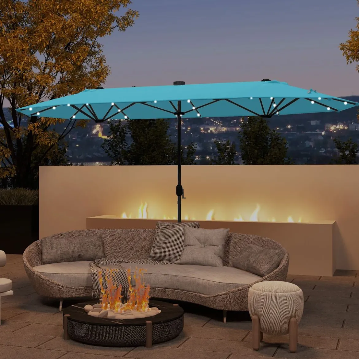 400 x 200 cm Doppelsonnenschirm mit Ständer & LED-Leuchten & Kurbel UPF 50+ Gartenschirm