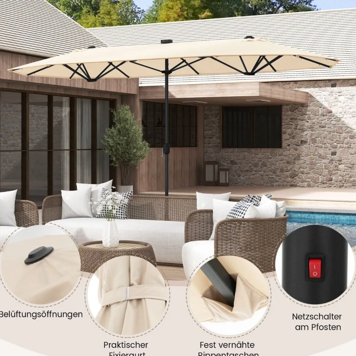 400 x 200 cm Doppelsonnenschirm mit Ständer & LED-Leuchten & Kurbel UPF 50+ Gartenschirm