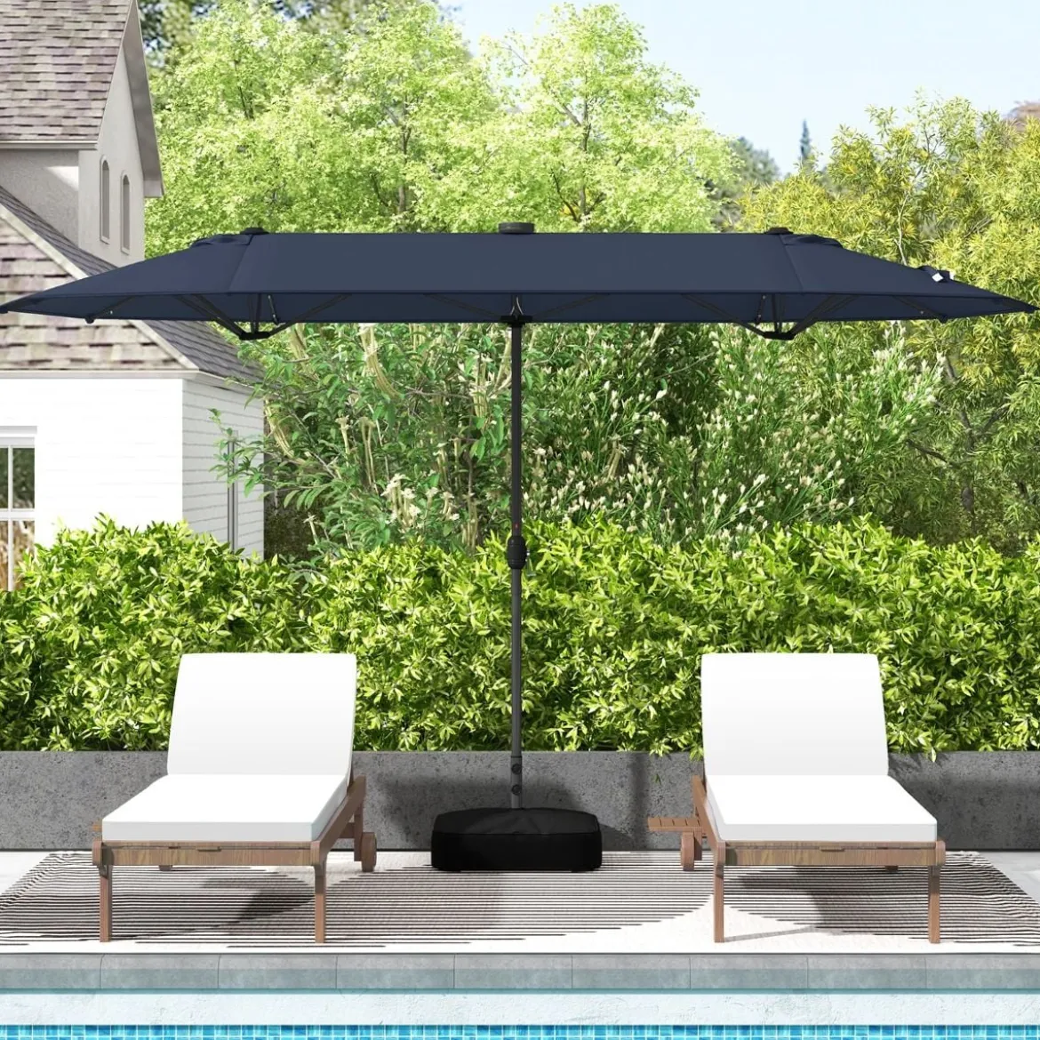 400 x 200 cm Doppelsonnenschirm mit Ständer & LED-Leuchten & Kurbel UPF 50+ Gartenschirm