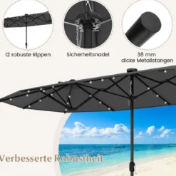 400 x 200 cm Doppelsonnenschirm mit Ständer & LED-Leuchten & Kurbel UPF 50+ Gartenschirm