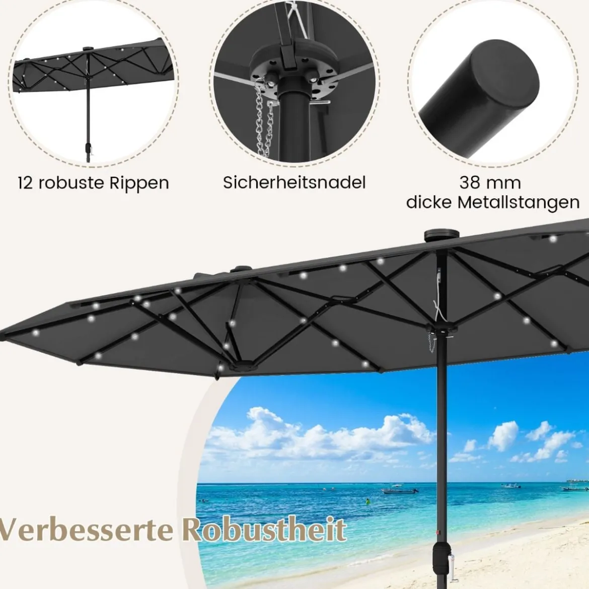 400 x 200 cm Doppelsonnenschirm mit Ständer & LED-Leuchten & Kurbel UPF 50+ Gartenschirm