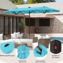 400 x 200 cm Doppelsonnenschirm mit Ständer & LED-Leuchten & Kurbel UPF 50+ Gartenschirm