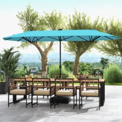 400 x 200 cm Doppelsonnenschirm mit Ständer & LED-Leuchten & Kurbel UPF 50+ Gartenschirm