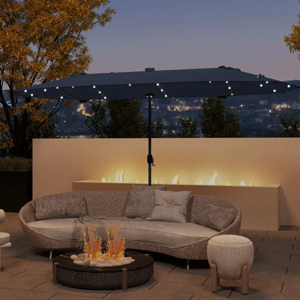 400 x 200 cm Doppelsonnenschirm mit Ständer & LED-Leuchten & Kurbel UPF 50+ Gartenschirm