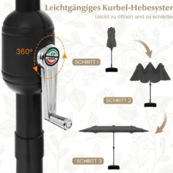 400 x 200 cm Doppelsonnenschirm mit Ständer & LED-Leuchten & Kurbel UPF 50+ Gartenschirm