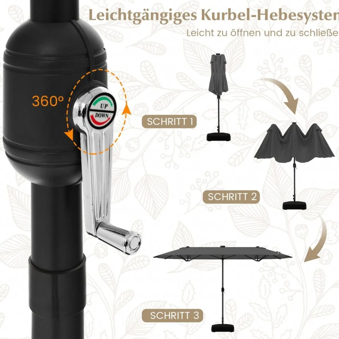 400 x 200 cm Doppelsonnenschirm mit Ständer & LED-Leuchten & Kurbel UPF 50+ Gartenschirm