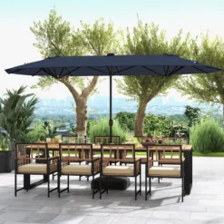 400 x 200 cm Doppelsonnenschirm mit Ständer & LED-Leuchten & Kurbel UPF 50+ Gartenschirm