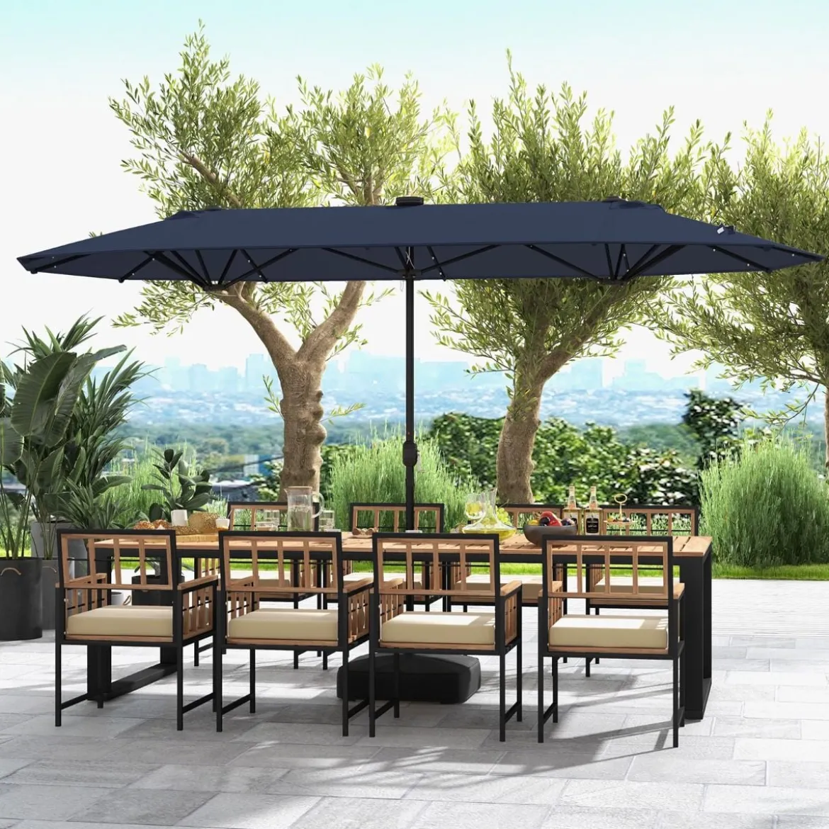 400 x 200 cm Doppelsonnenschirm mit Ständer & LED-Leuchten & Kurbel UPF 50+ Gartenschirm