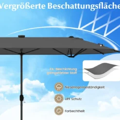 400 x 200 cm Doppelsonnenschirm mit Ständer & LED-Leuchten & Kurbel UPF 50+ Gartenschirm