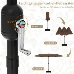 400 x 200 cm Doppelsonnenschirm mit Ständer & LED-Leuchten & Kurbel UPF 50+ Gartenschirm