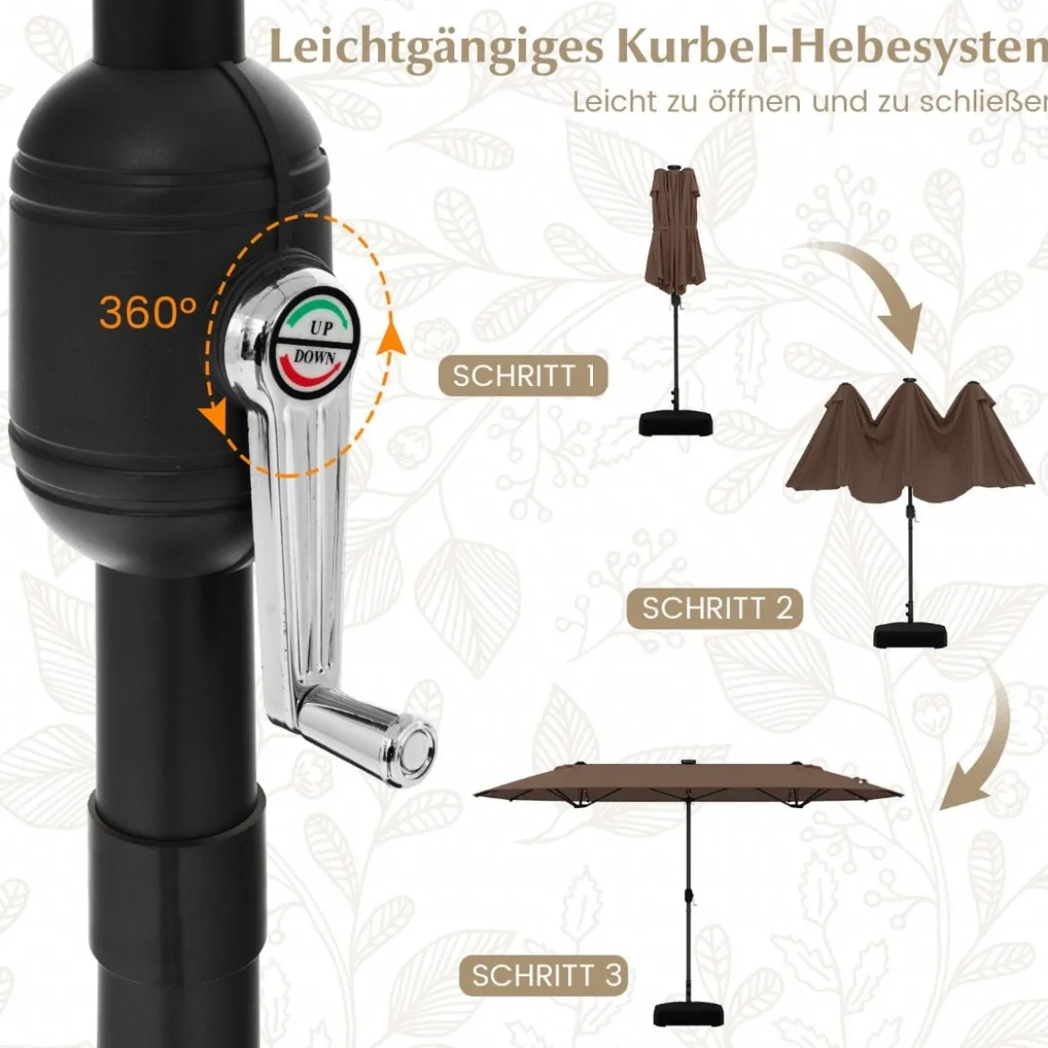 400 x 200 cm Doppelsonnenschirm mit Ständer & LED-Leuchten & Kurbel UPF 50+ Gartenschirm