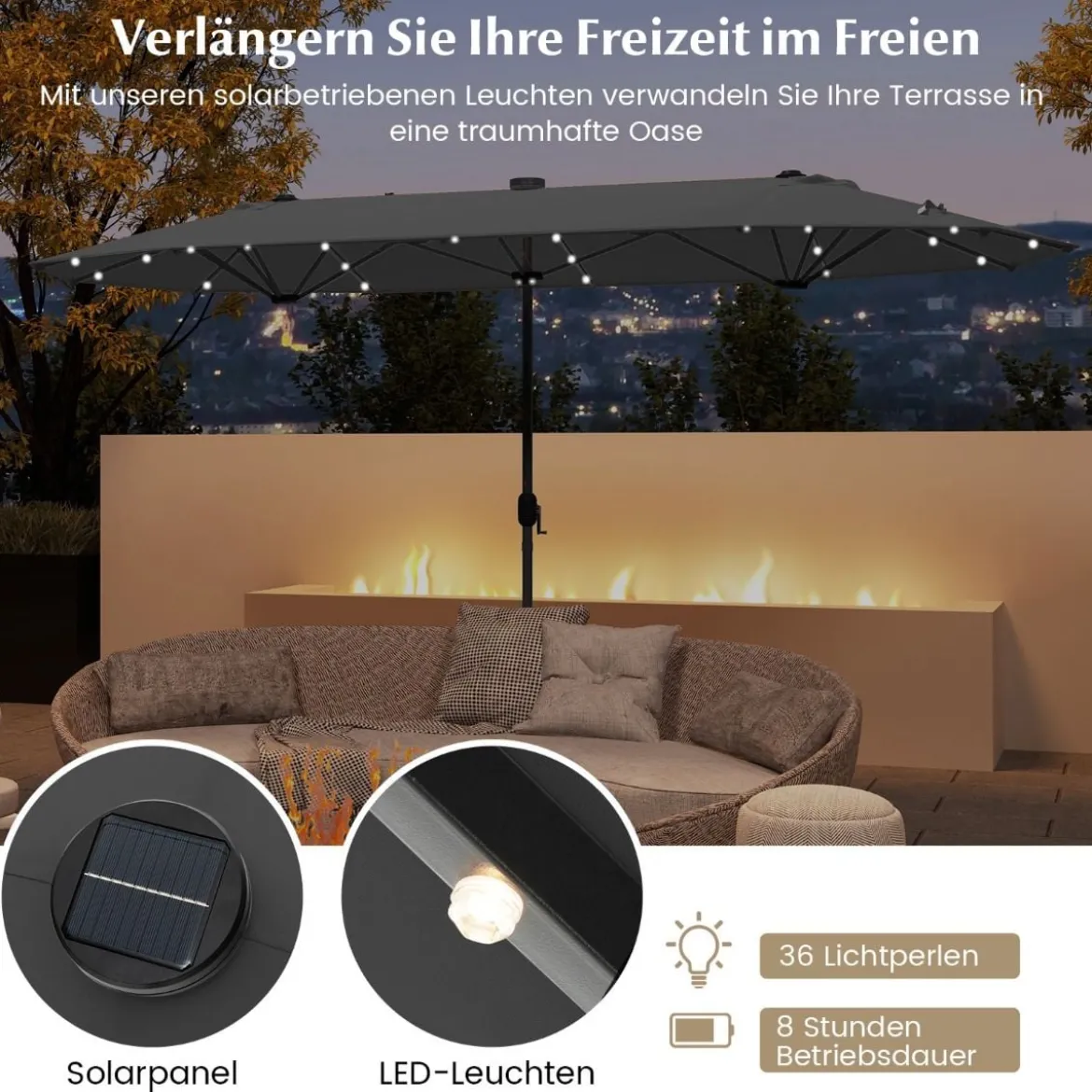 400 x 200 cm Doppelsonnenschirm mit Ständer & LED-Leuchten & Kurbel UPF 50+ Gartenschirm