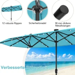 400 x 200 cm Doppelsonnenschirm mit Ständer & LED-Leuchten & Kurbel UPF 50+ Gartenschirm