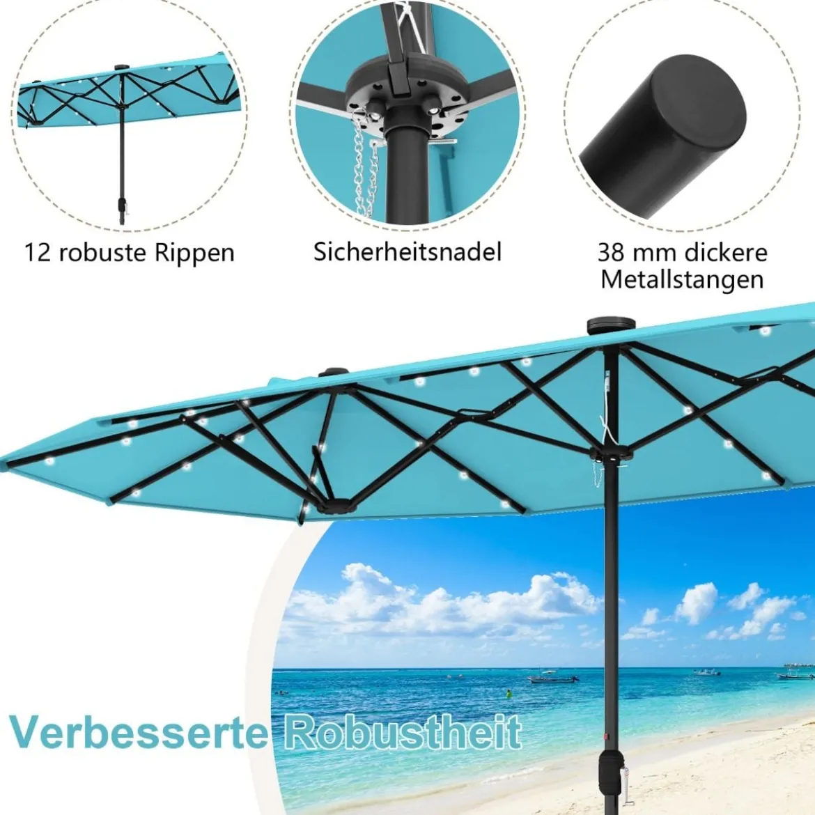 400 x 200 cm Doppelsonnenschirm mit Ständer & LED-Leuchten & Kurbel UPF 50+ Gartenschirm
