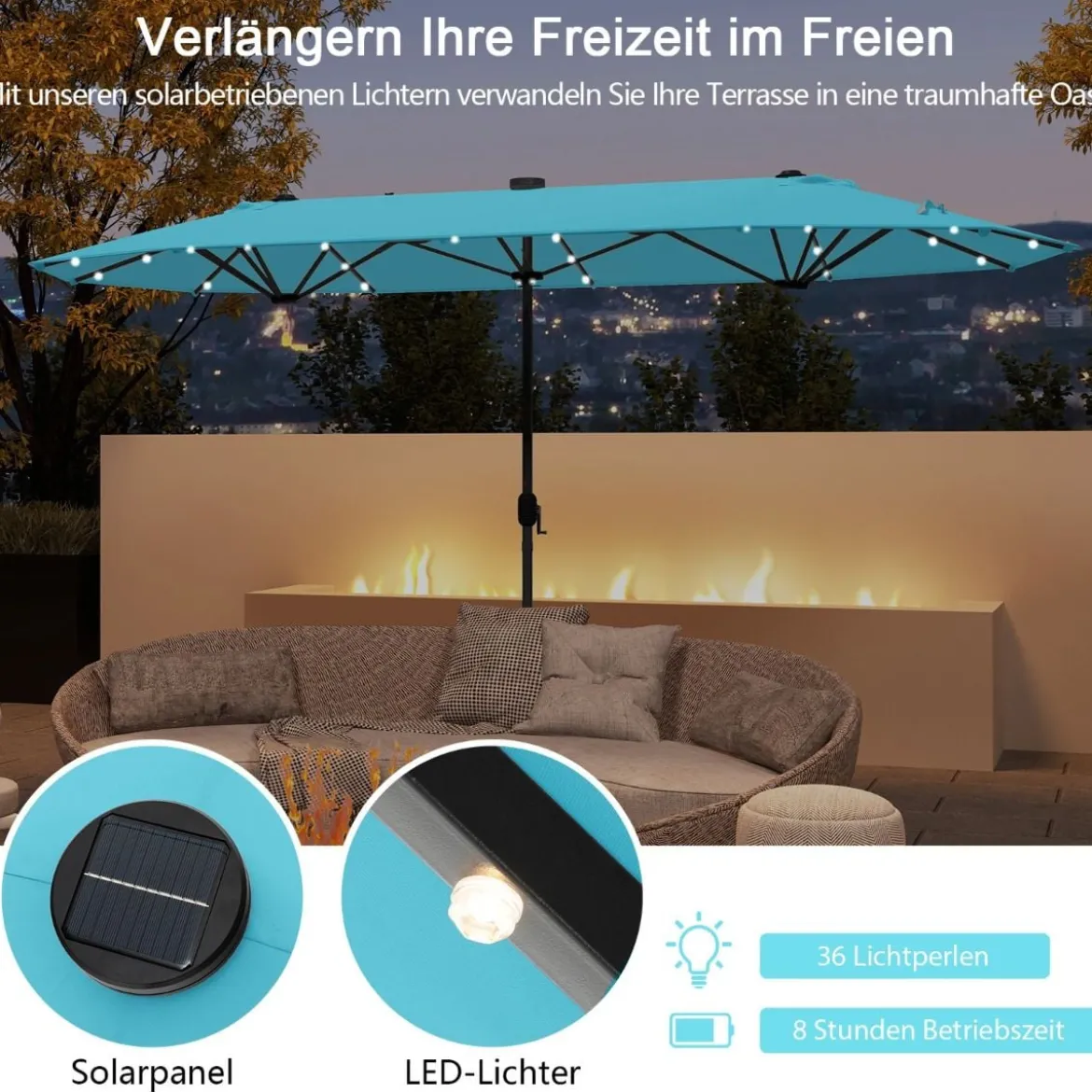 400 x 200 cm Doppelsonnenschirm mit Ständer & LED-Leuchten & Kurbel UPF 50+ Gartenschirm