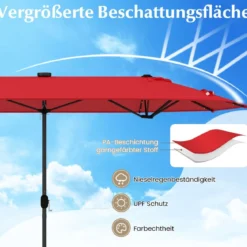 400 x 200 cm Doppelsonnenschirm mit Ständer & LED-Leuchten & Kurbel UPF 50+ Gartenschirm