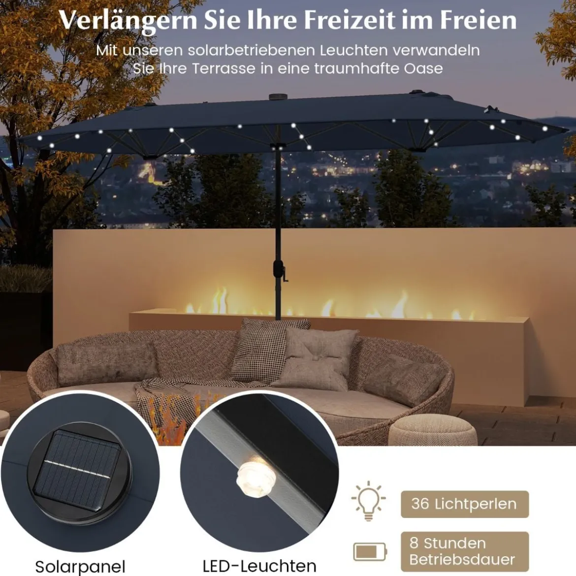 400 x 200 cm Doppelsonnenschirm mit Ständer & LED-Leuchten & Kurbel UPF 50+ Gartenschirm