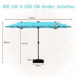 400 x 200 cm Doppelsonnenschirm mit Ständer & LED-Leuchten & Kurbel UPF 50+ Gartenschirm