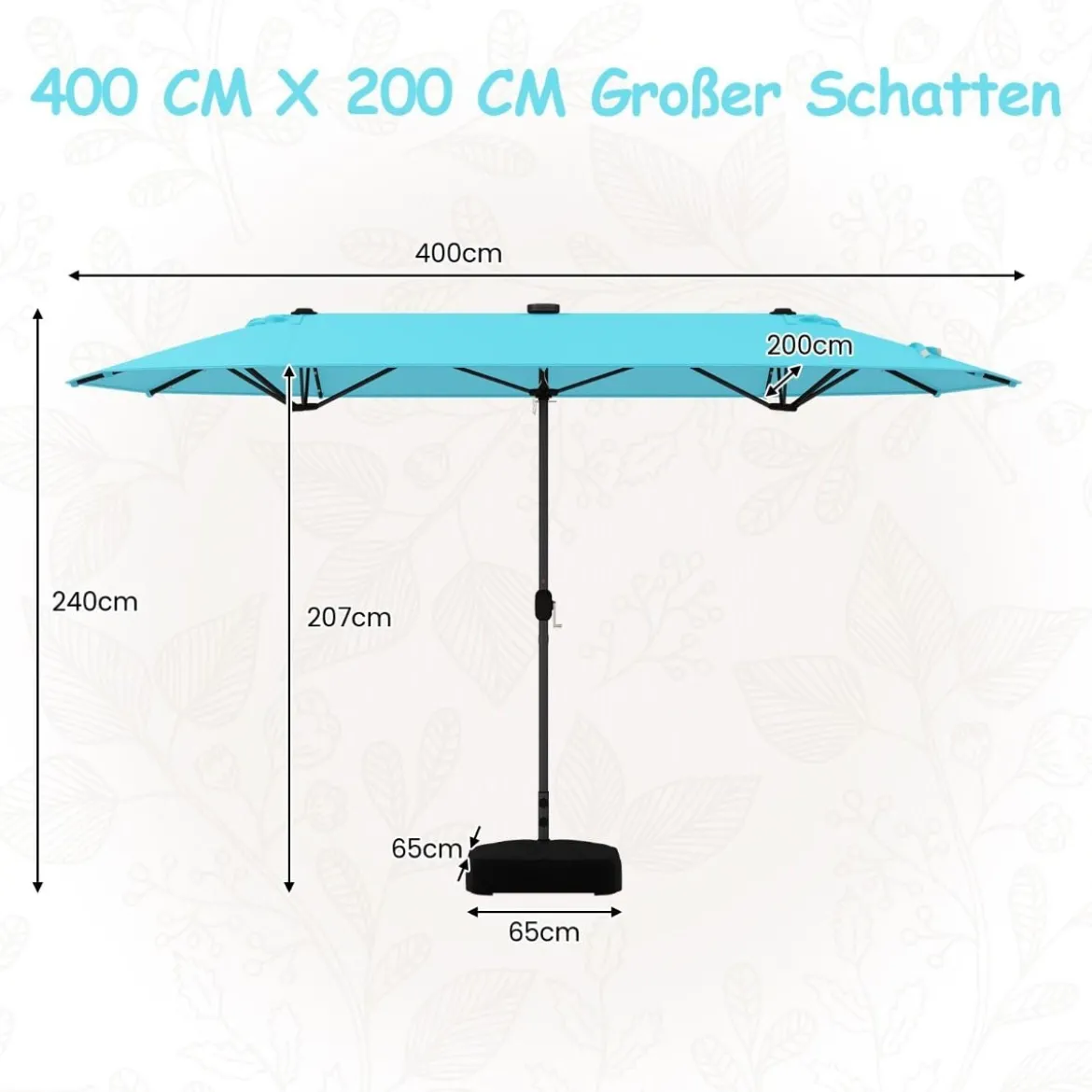 400 x 200 cm Doppelsonnenschirm mit Ständer & LED-Leuchten & Kurbel UPF 50+ Gartenschirm
