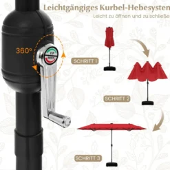 400 x 200 cm Doppelsonnenschirm mit Ständer & LED-Leuchten & Kurbel UPF 50+ Gartenschirm