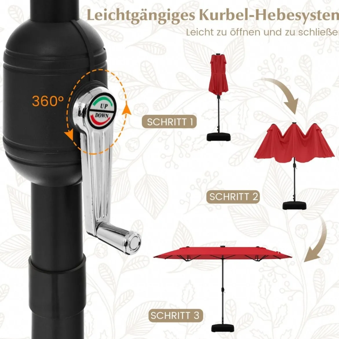 400 x 200 cm Doppelsonnenschirm mit Ständer & LED-Leuchten & Kurbel UPF 50+ Gartenschirm