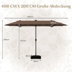 400 x 200 cm Doppelsonnenschirm mit Ständer & LED-Leuchten & Kurbel UPF 50+ Gartenschirm