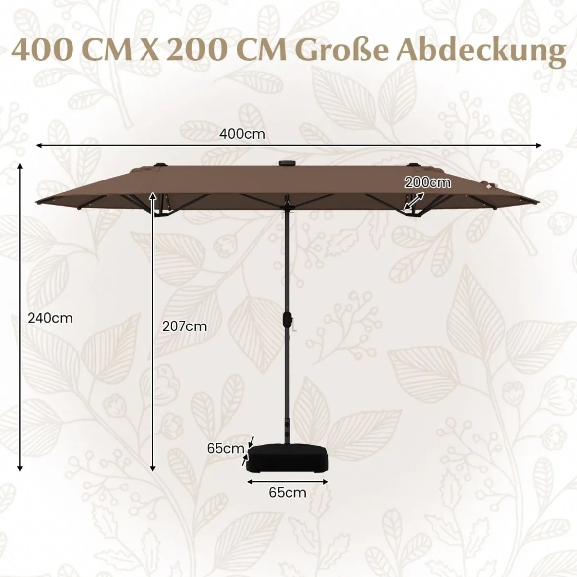 400 x 200 cm Doppelsonnenschirm mit Ständer & LED-Leuchten & Kurbel UPF 50+ Gartenschirm